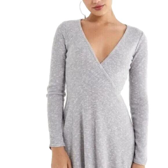 URBAN OUTFITTERS Ribbed Soft Surplice Faux Wrap Dress Womens XL Gray Long Sleeve - Picture 15 of 16